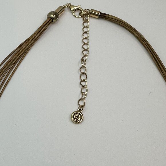 C 1946 Signed Gold Tone Gingko Leaves and‎ Round Beads Necklace Leather Cord - Picture 5 of 12